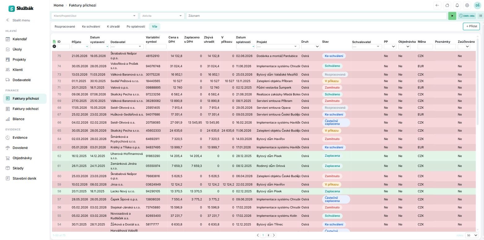Faktury — barevné stavy workflow a plateb